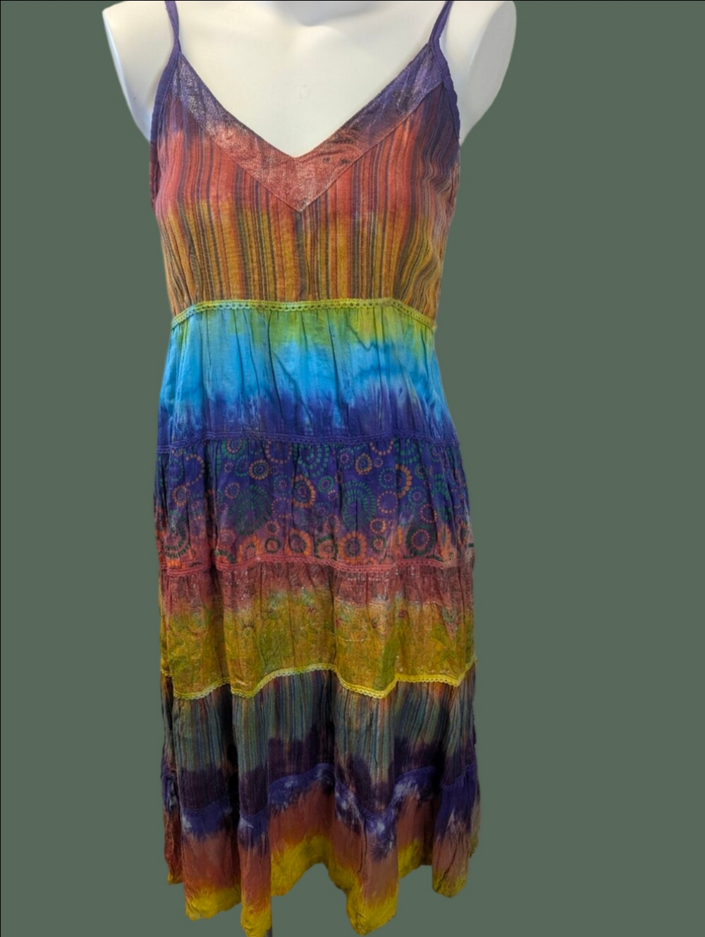 VIntage Bohemian Brightly Color Tie-Dye Spaghetti Strap Midi Dress